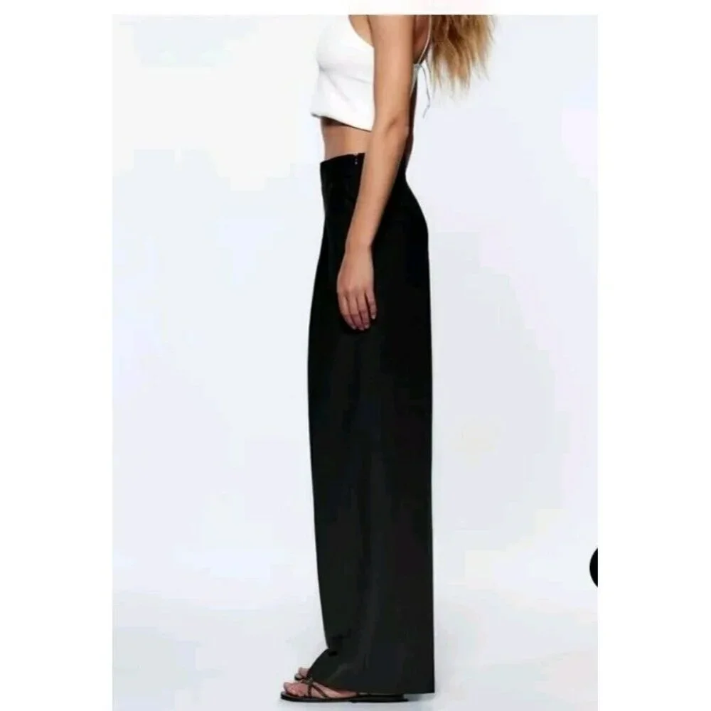 BNWT ZARA FULL LENGTH LINEN BLEND BLACK PANTS TROUSERS SIZE M 7385 490